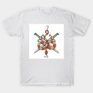 Snake and Two Swords Tattoo in Engraving Style T-Shirt